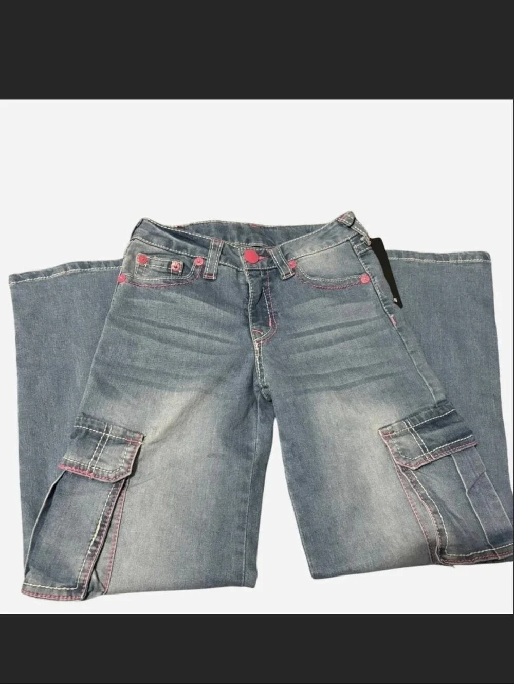 True Religion Light Blue Cargo Wide-Leg Jeans with Pink Stitching
